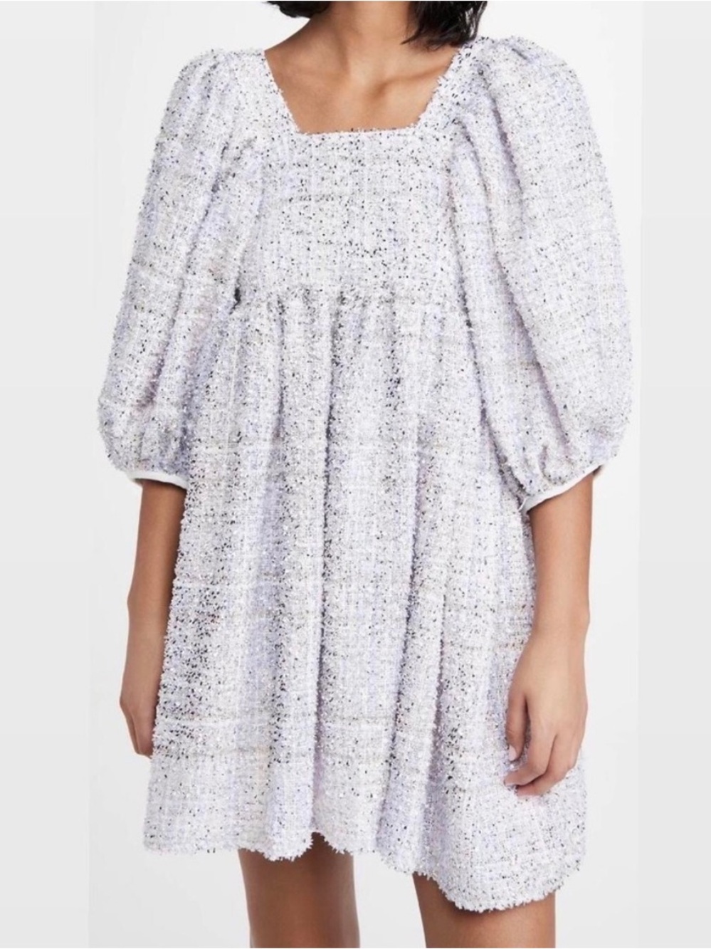 Dream Sister Jane Lavender Tweed Babydoll Mini Dress Puff Sleeve Size XS